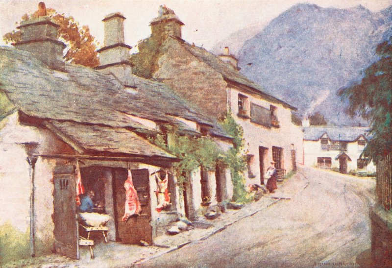 Lake District: Coniston Village, de oude slagerij door Alfred Heaton Cooper