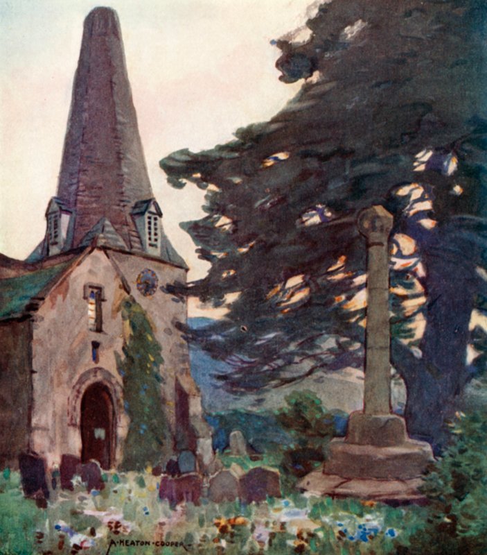 Porlock Kerk en Kruis (kleur litho) door Alfred Heaton Cooper