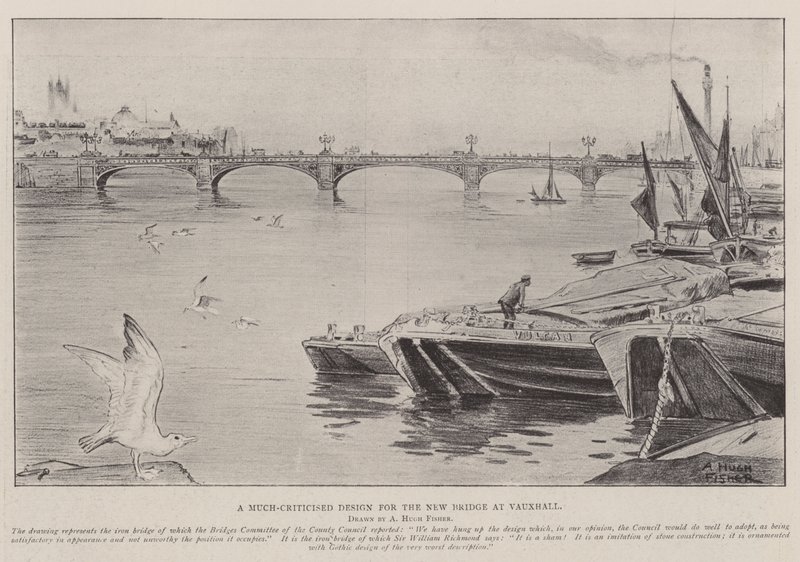 Een veel bekritiseerd ontwerp voor de nieuwe brug bij Vauxhall door Alfred Hugh Fisher