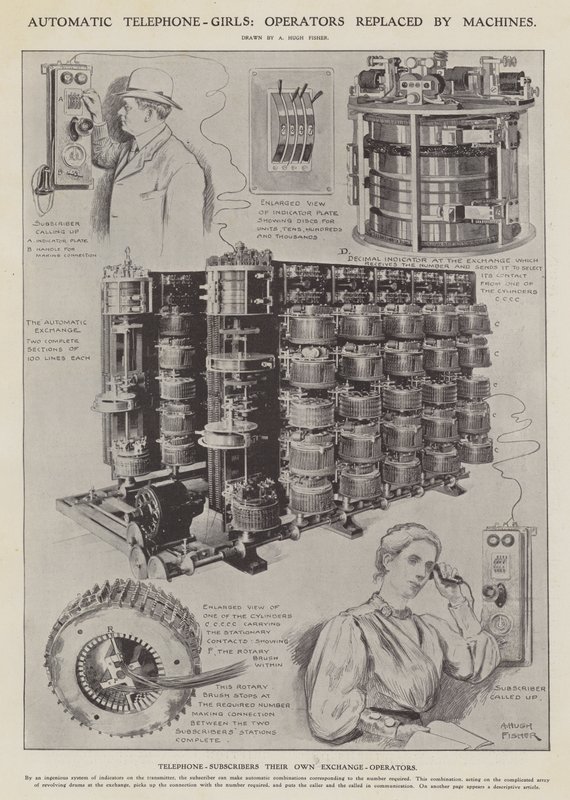 Automatische telefoonmeisjes: operators vervangen door machines (litho) door Alfred Hugh Fisher
