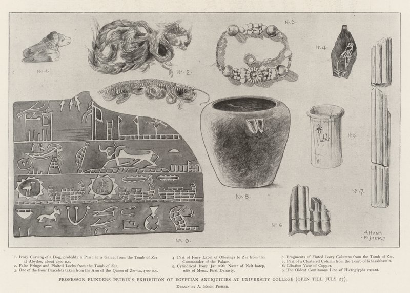 Tentoonstelling van Egyptische oudheden van Professor Flinders Petrie aan University College (open tot 27 juli) door Alfred Hugh Fisher