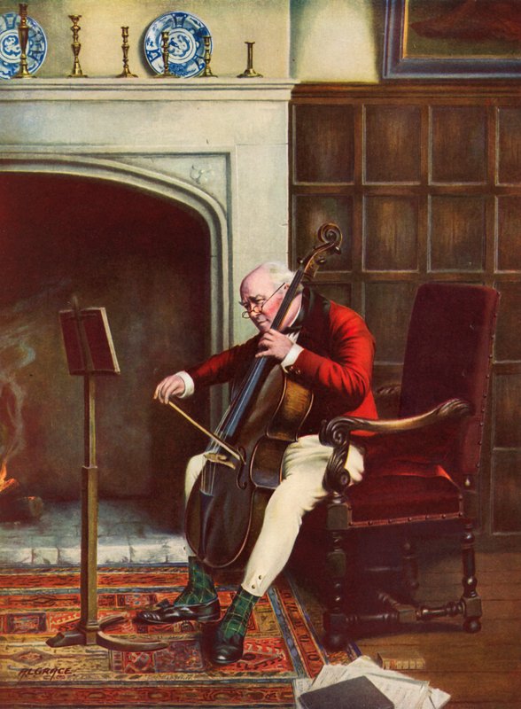 Een Moeilijke Passage - man die de cello oefent voor het vuur door Alfred Lyndon Grace