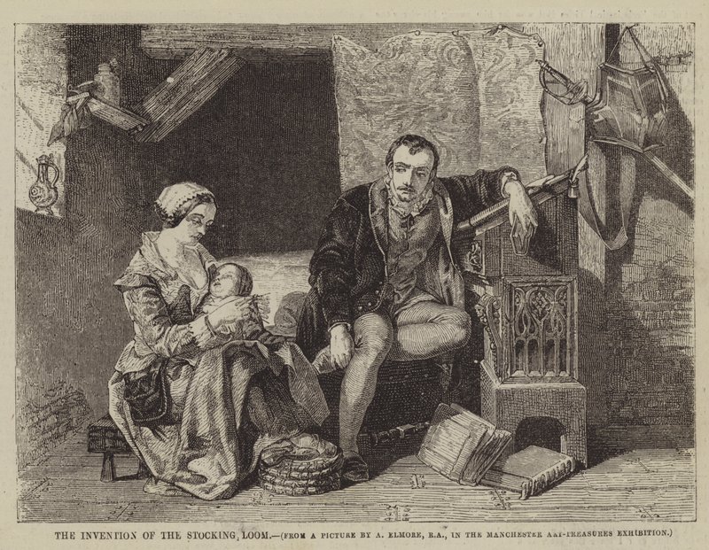 De uitvinding van het kousenweefgetouw door Alfred W. after Elmore