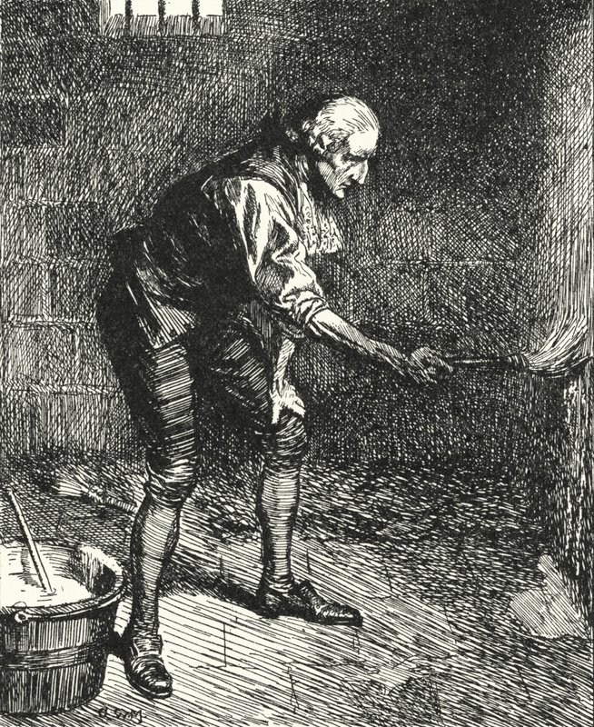 De Engelse gevangenishervormer John Howard reinigt de muren van zijn cel terwijl hij in quarantaine wordt gehouden in Venetië door Alfred Wallis Mills