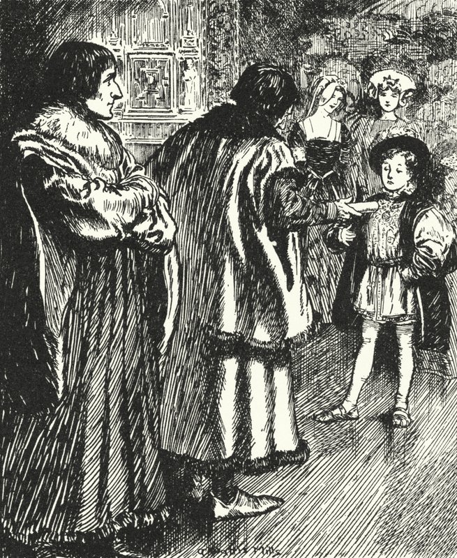 Erasmus kijkt toe hoe Sir Thomas More een gedicht presenteert dat hij heeft geschreven aan de jonge prins Hendrik, de toekomstige koning Hendrik VIII door Alfred Wallis Mills