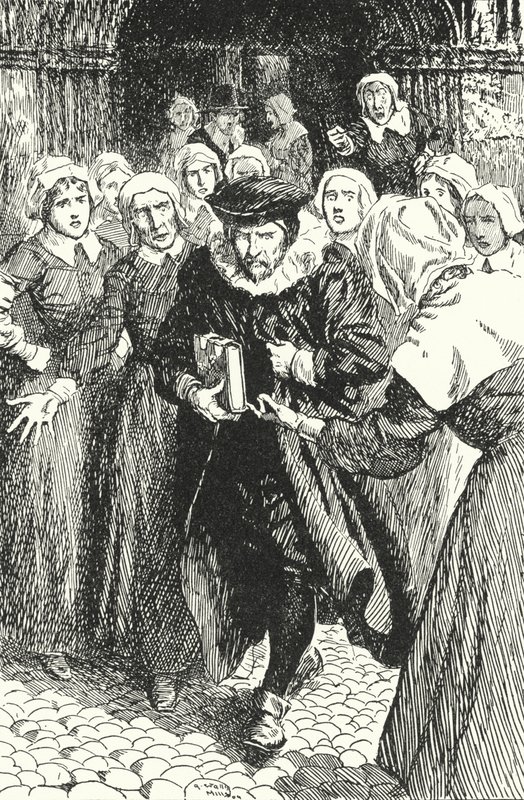 De Schotse priester William Annand veroordeeld door de vrouwen van Edinburgh voor het prediken uit het nieuwe gebedenboek in de St Giles-kathedraal, 1637 door Alfred Wallis Mills