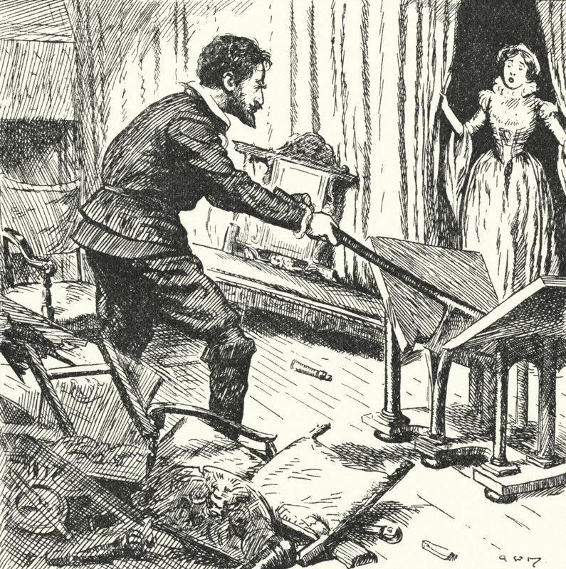 De vrouw van de Franse pottenbakker Bernard Palissy kijkt vol afschuw toe terwijl hij hun meubels kapot slaat om als brandstof voor zijn ovens te gebruiken door Alfred Wallis Mills