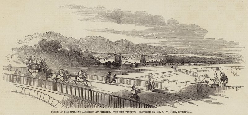 Scène van het spoorwegongeluk, bij Chester, de Dee Viaduct door Alfred William Hunt