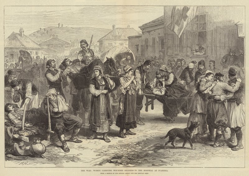 De oorlog, vrouwen dragen gewonde soldaten naar het ziekenhuis in Ivanitza door Alfred William Hunt