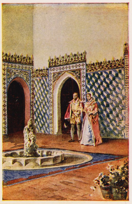 Moorse architectuur in het Paleis van Sintra, Portugal (kleur litho) door Alfredo Roque Gameiro