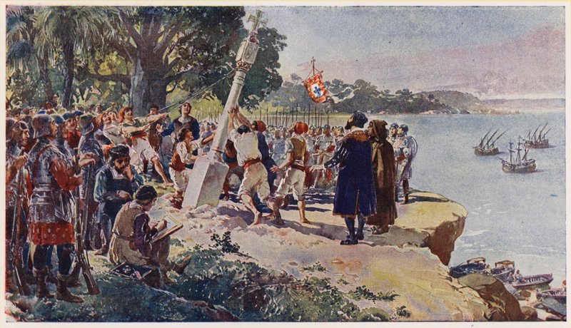 Portugezen plaatsen een stenen pilaar bij de monding van de Congo-rivier door Alfredo Roque Gameiro