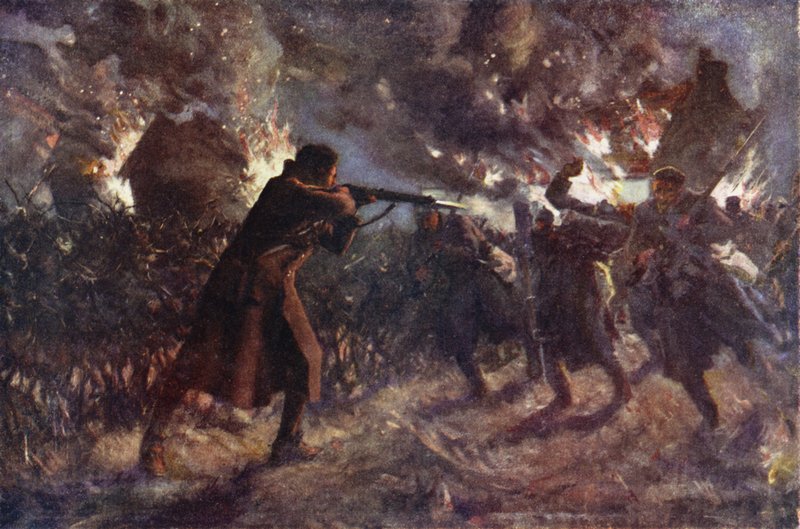 Private James Meston die alleen verschillende vijanden aanvalt die oprukten na het veroveren van een Britse loopgraaf, Eerste Slag om Ieper, 31 oktober 1914 door Allan (after) Stewart
