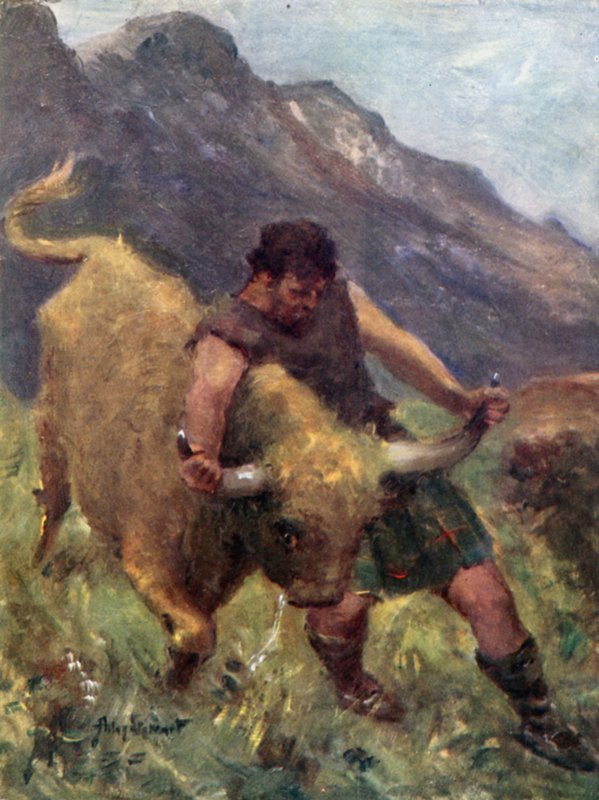 Toen hij ermee worstelde, kwam een van zijn hoorns in zijn handen (kleur litho) door Allan (after) Stewart