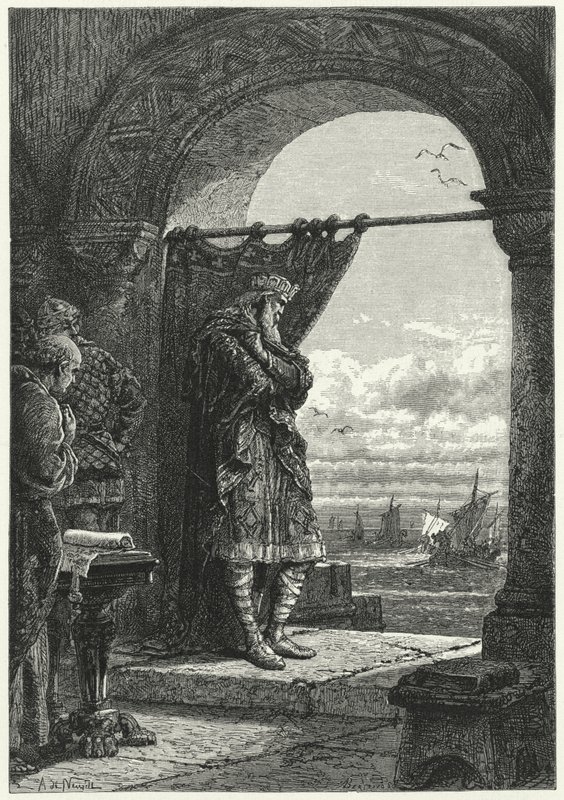 Karel de Grote kijkt angstig naar de naderende schepen met Normandische plunderaars door Alphonse Marie de (after) Neuville