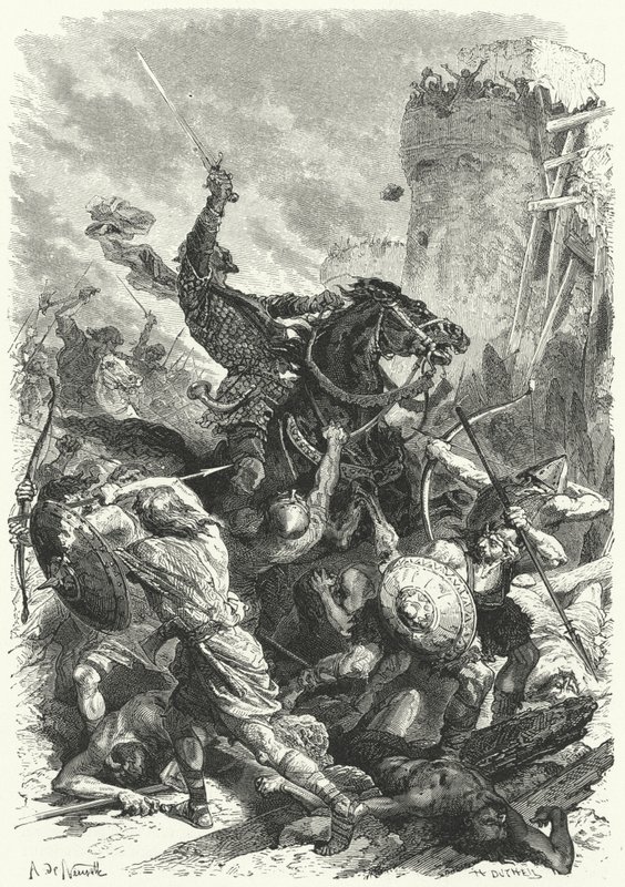 Graaf Odo verdedigt Parijs tegen de Noormannen, 886 door Alphonse Marie de (after) Neuville