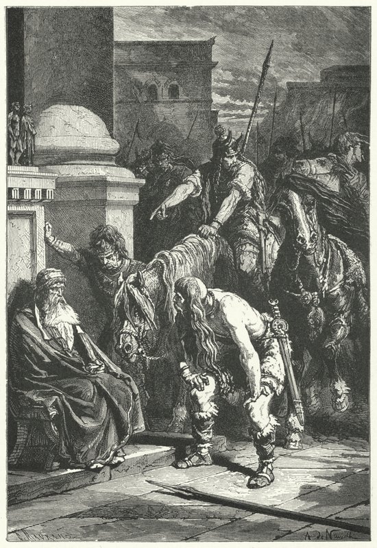 De dood van Romeinse consul Marcus Papirius tijdens de Gallische plundering van Rome, 387 v.Chr. door Alphonse Marie de (after) Neuville