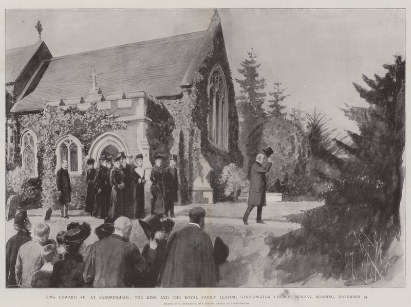 Koning Edward VII in Sandringham, de koning en de koninklijke familie verlaten de kerk van Sandringham, zondagochtend 24 november door Amedee Forestier
