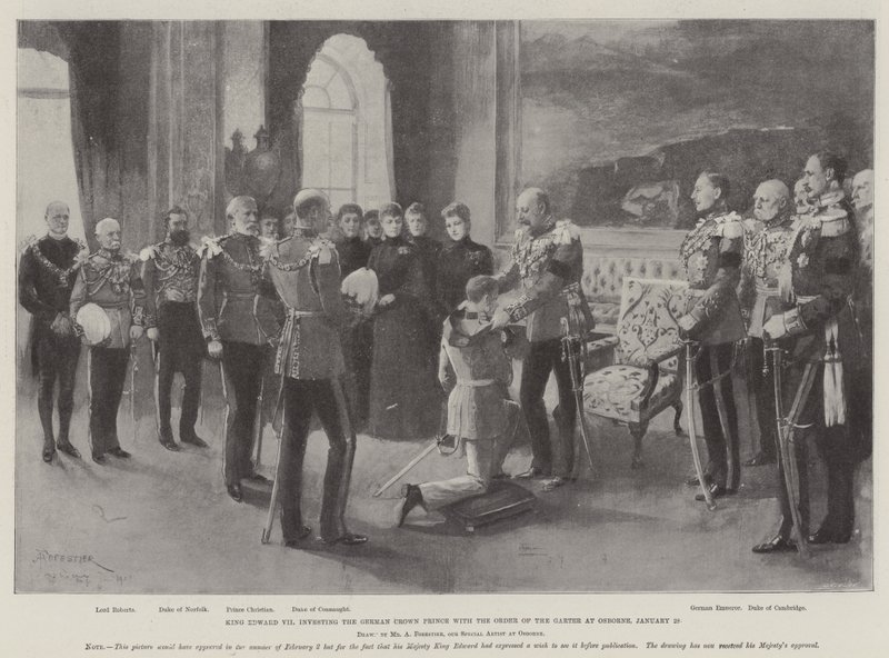Koning Edward VII investeert de Duitse kroonprins met de Orde van de Kousenband te Osborne, 28 januari door Amedee Forestier