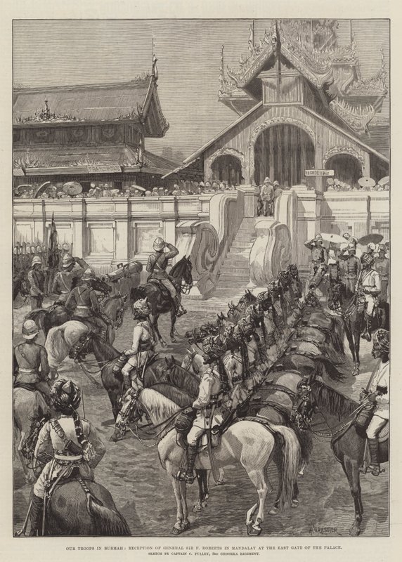 Onze troepen in Birma, ontvangst van generaal Sir F. Roberts in Mandalay bij de oostelijke poort van het paleis door Amedee Forestier