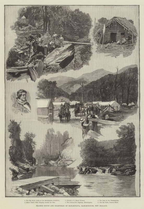 Pelorus Sound en Goudvelden van Mahakipawa, Marlborough, Nieuw-Zeeland door Amedee Forestier