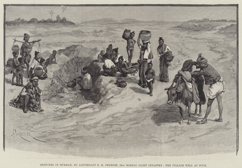 Schetsen in Birma, door Luitenant E R Penrose, 23e Bombay Lichte Infanterie, de Dorpsput bij Pouk door Amedee Forestier