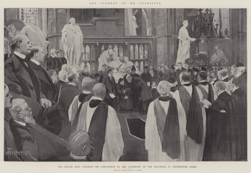 De begrafenis van Mr. Gladstone, onze toekomstige koning biedt zijn medeleven aan Mrs. Gladstone bij het graf in Westminster Abbey door Amedee Forestier