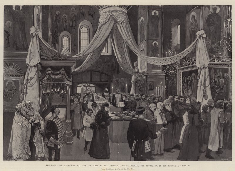 De Overleden Tsaar Alexander III Liggend in Staat in de Kathedraal van Sint-Michael de Aartsengel, in het Kremlin in Moskou door Amedee Forestier