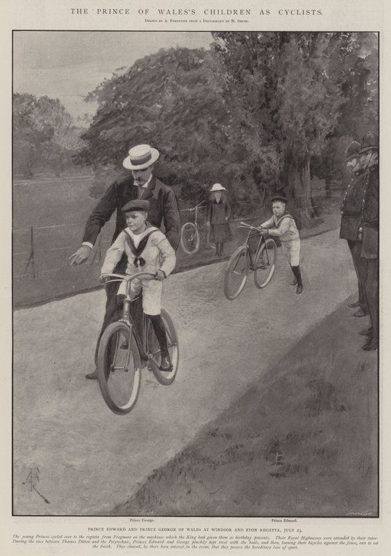 De kinderen van de Prins van Wales als fietsers door Amedee Forestier