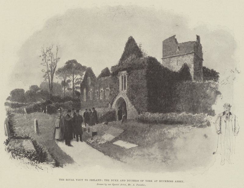 Het koninklijk bezoek aan Ierland, de hertog en hertogin van York bij Muckross Abbey door Amedee Forestier