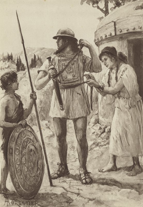 Een Italische boer uit de Bronstijd bewapent zich voor de strijd door Amedee (after) Forestier