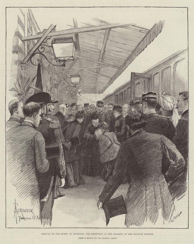 Aankomst van de koningin in Florence, de ontvangst van Hare Majesteit op het treinstation door Amedee Forestier