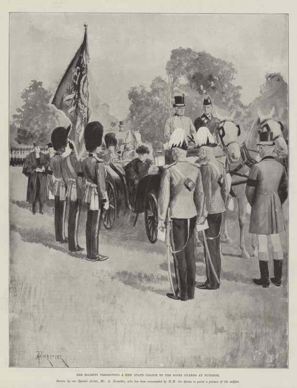 Hare Majesteit presenteert een nieuwe staatskleur aan de Scots Guards in Windsor door Amedee Forestier