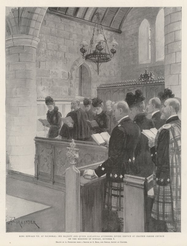 Koning Edward VII in Balmoral, Zijne Majesteit en Koningin Alexandra bij de Eredienst in de Crathie Parochiekerk op de Ochtend van Zondag 6 Oktober door Amedee Forestier