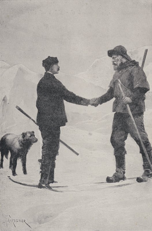 Ontmoeting van poolonderzoekers Frederick George Jackson en Fridtjof Nansen, Franz Josef Land, 1896 door Amedee Forestier