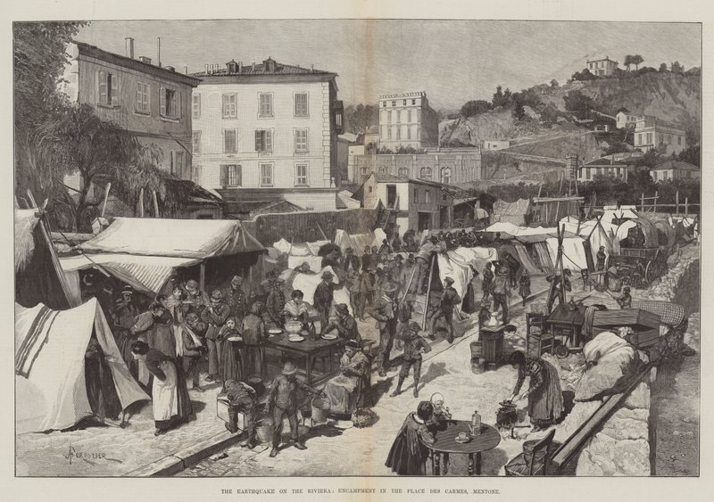 De aardbeving aan de Rivièra, kampement op de Place des Carmes, Mentone door Amedee Forestier
