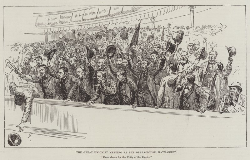 De grote unionistische bijeenkomst in het Opera-House, Haymarket door Amedee Forestier
