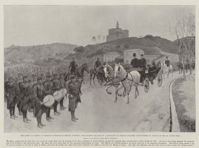 De Koningin in Cimiez, een Aangenaam Voorbeeld van Franse Hoffelijkheid, Hare Majesteit begroet door een Bataljon Franse Infanterie, toevallig ontmoet op de St Andre Weg door Amedee Forestier
