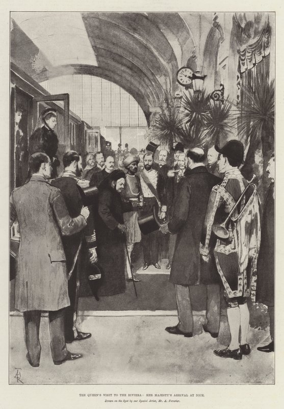 Het bezoek van de koningin aan de Rivièra, de aankomst van Hare Majesteit in Nice door Amedee Forestier
