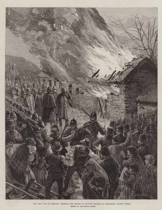 De huurstrijd in Ierland, het verbranden van de huizen van uitgezette huurders in Glenbeigh, County Kerry door Amedee Forestier