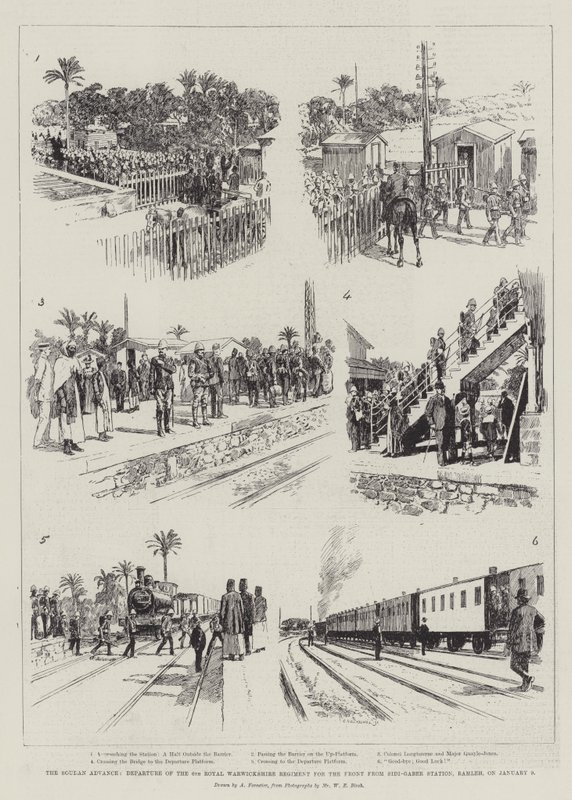 De Vooruitgang in Soedan, Vertrek van het 6e Royal Warwickshire Regiment naar het Front vanaf Sidi-Gaber Station, Ramleh, op 9 januari door Amedee Forestier