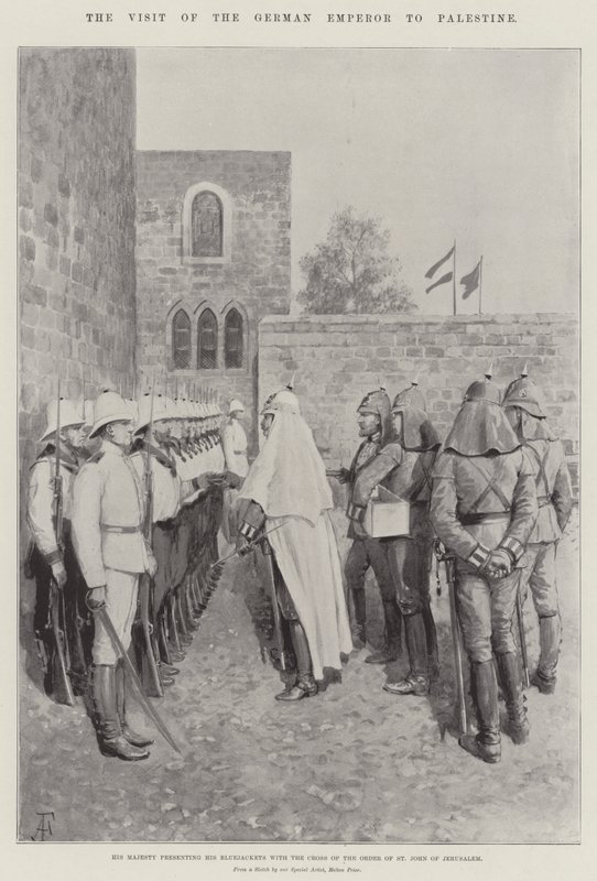 Het bezoek van de Duitse keizer aan Palestina, Zijne Majesteit presenteert zijn matrozen het Kruis van de Orde van Sint Jan van Jeruzalem door Amedee Forestier