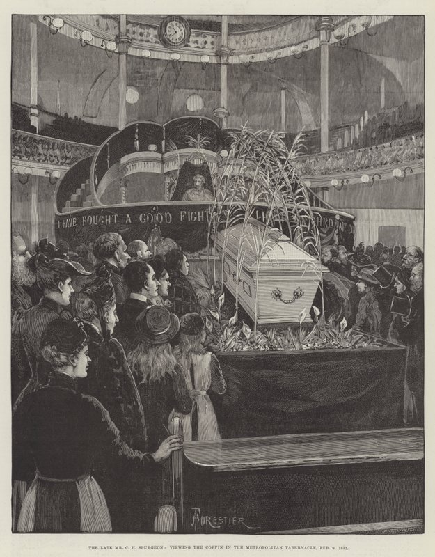 De overleden heer C H Spurgeon, het bekijken van de Kist in de Metropolitan Tabernacle, 9 februari 1892 door Amedee Forestier