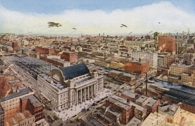 Chicago: Business District van Chicago in vogelvlucht (kleurenfoto) door American Photographer
