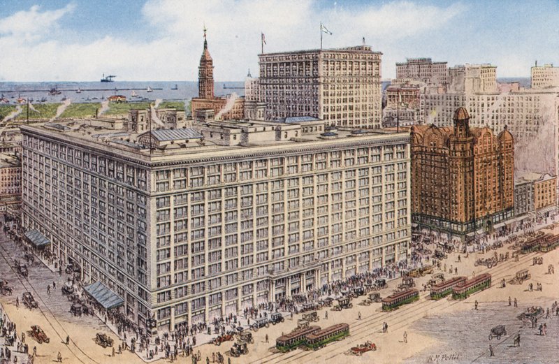 Chicago: Marshall Field and Company vanaf State and Randolph Streets, winkelpanden van de grootste winkel ter wereld (kleurenfoto) door American Photographer