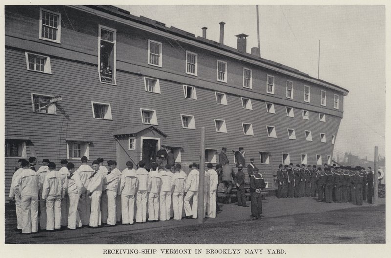 Ontvangstschip Vermont in Brooklyn Navy Yard door American Photographer