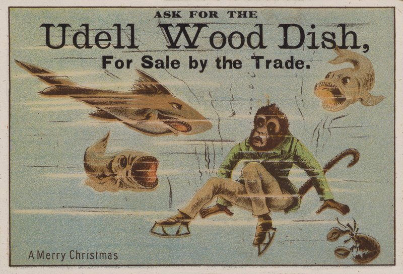 Een vrolijk kerstfeest, handelskaart die Udell houten schalen adverteert door American School