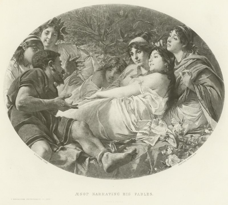 Aesopus vertelt zijn fabels (gravure) door American School