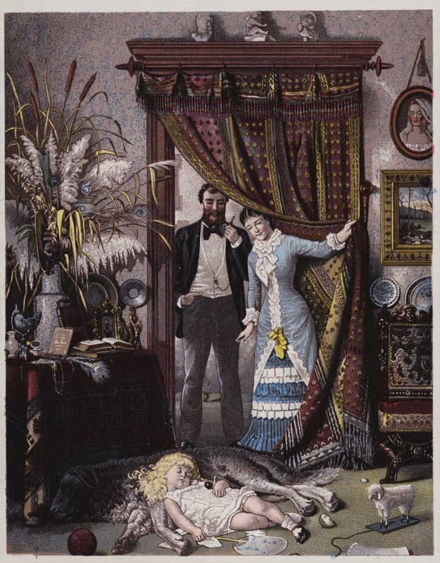 Amerikaans koppel kijkt naar hun dochter die op de hond slaapt (kleurenlitho) door American School