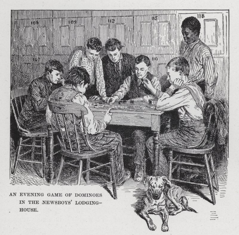 Een avondspelletje domino in het slaapverblijf van de krantenjongens (litho) door American School