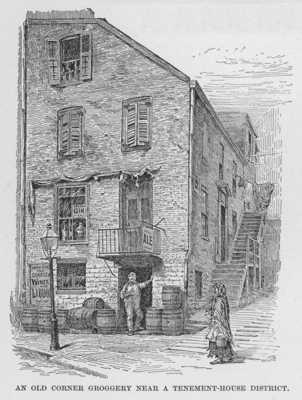 Een oude hoekkroeg nabij een woonwijk (litho) door American School